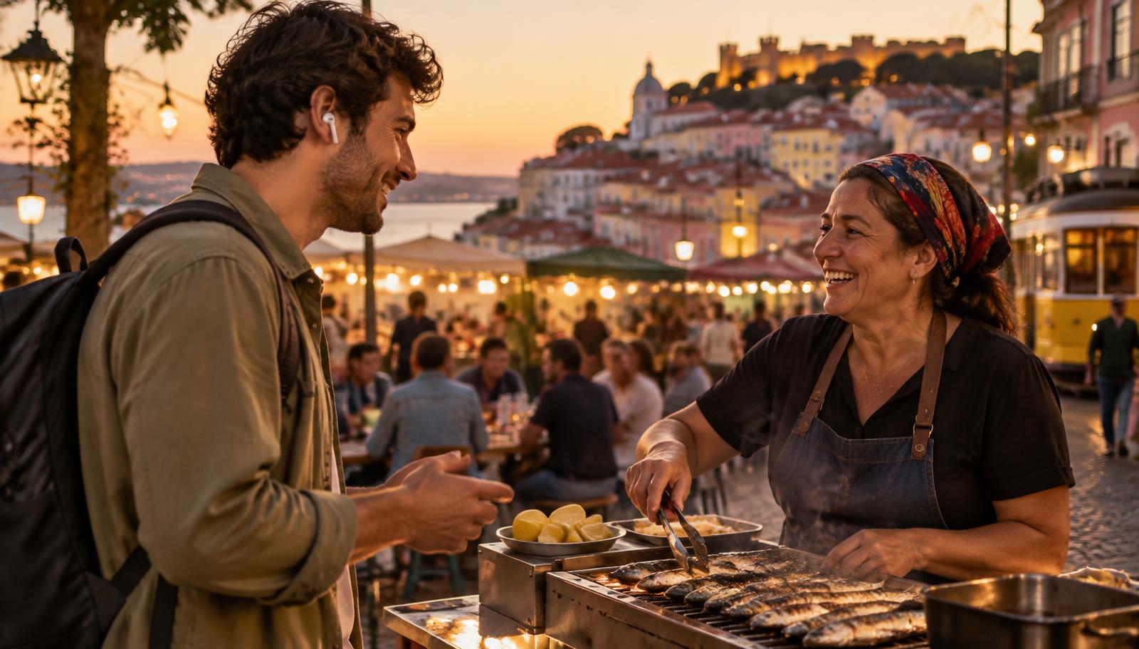 Traveler using translation earbuds to talk with a market vendor — best translation earbuds 2026